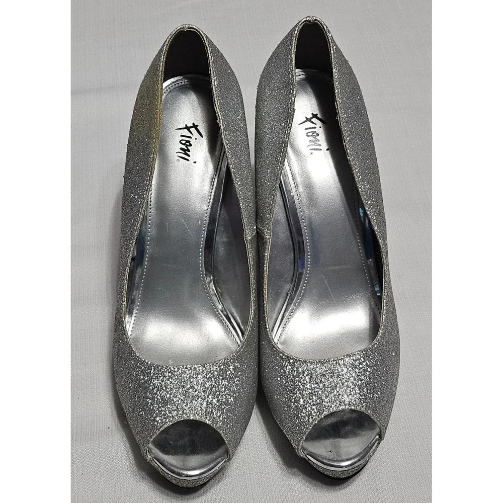 Fioni Luster Silver Glitter Peep Toe Platform Stiletto Heels Shoes Womens 7.5